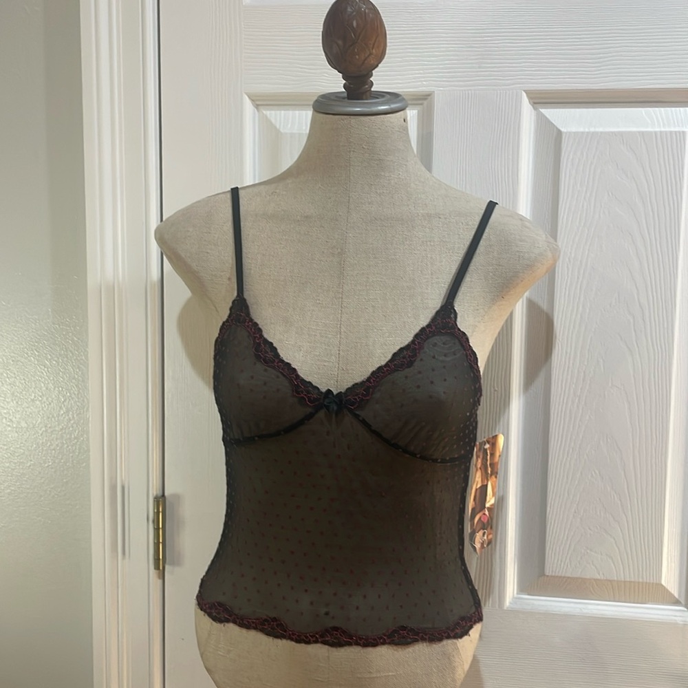 Shirley of Hollywood sheer mesh dot camisole lingerie black pink cami women’s M